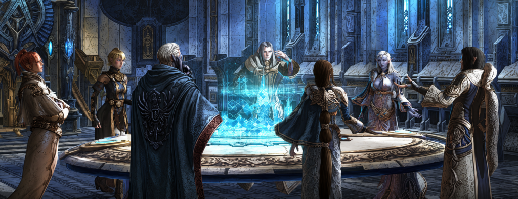 Robed rulers gathered around a glowing map table, the kind of council scene kingdom building novels are full of
