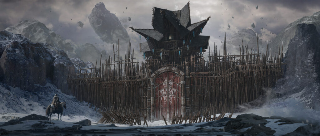 A rider on horseback facing a timber-spiked fortress gate in a snowy mountain valley