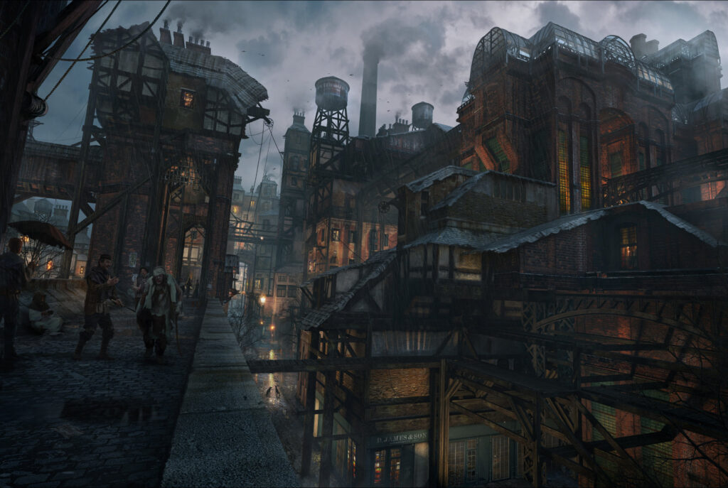 A rain-soaked industrial city of brick factories, smokestacks and iron walkways above a cobbled street