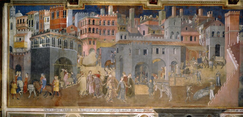 Kingdom building novel townsfolk: Lorenzetti's Effects of Good Government in the City, with merchants, builders and dancers in a medieval street