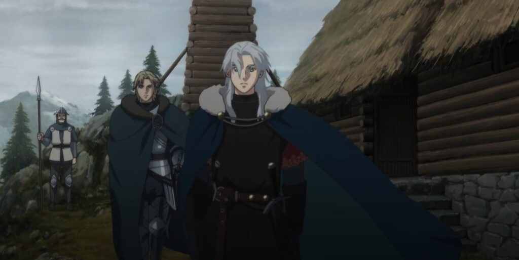Release That Witch anime still: Roland in a dark cloak in Border Town, with a knight and a spear-carrying guard behind him