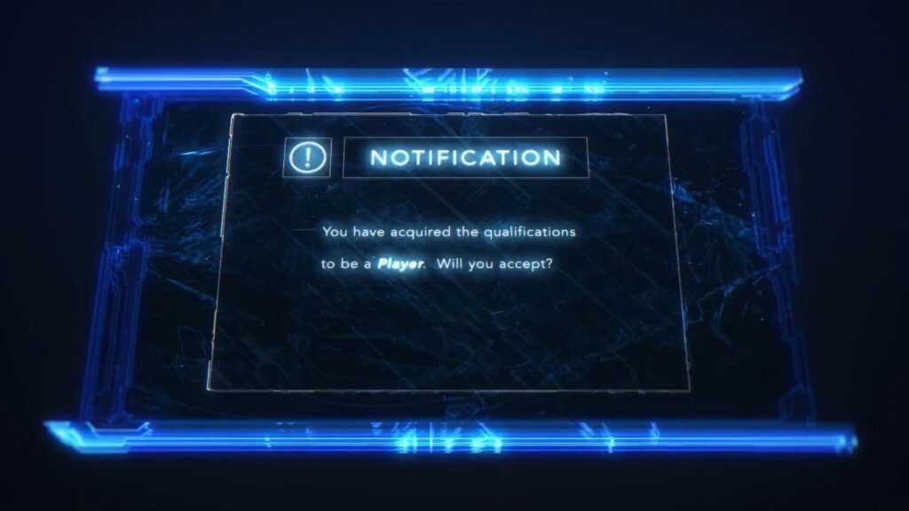 A glowing blue system notification window reading 'You have acquired the qualifications to be a Player. Will you accept?'